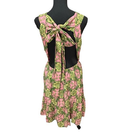 House of Harlow 1960 Linen Blend Halter Mini Dress M Floral Plunge Neck Tie Back - Picture 4 of 7